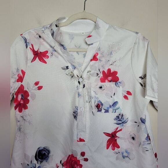 Floral Lightweight Blouse Short Sleeve Notched Neckline Japanese Inspired Medium - Picture 8 of 10